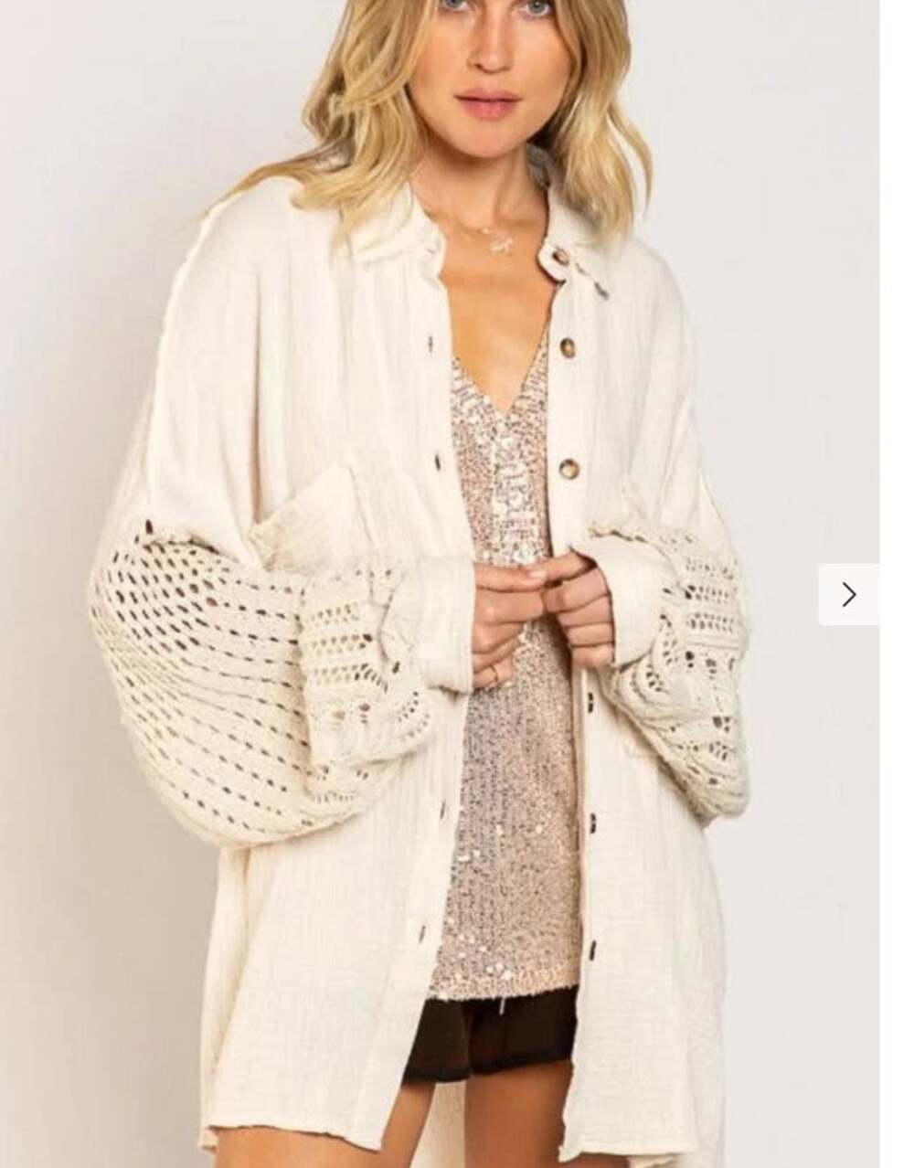 POL Lesley Beige Crochet Sleeve Shacket Oversized Shirt Boho Cream Small